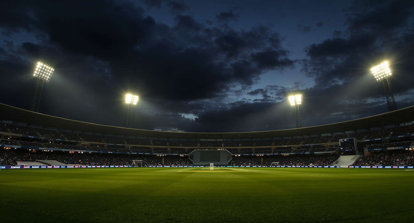 Cricket stadium at twilight